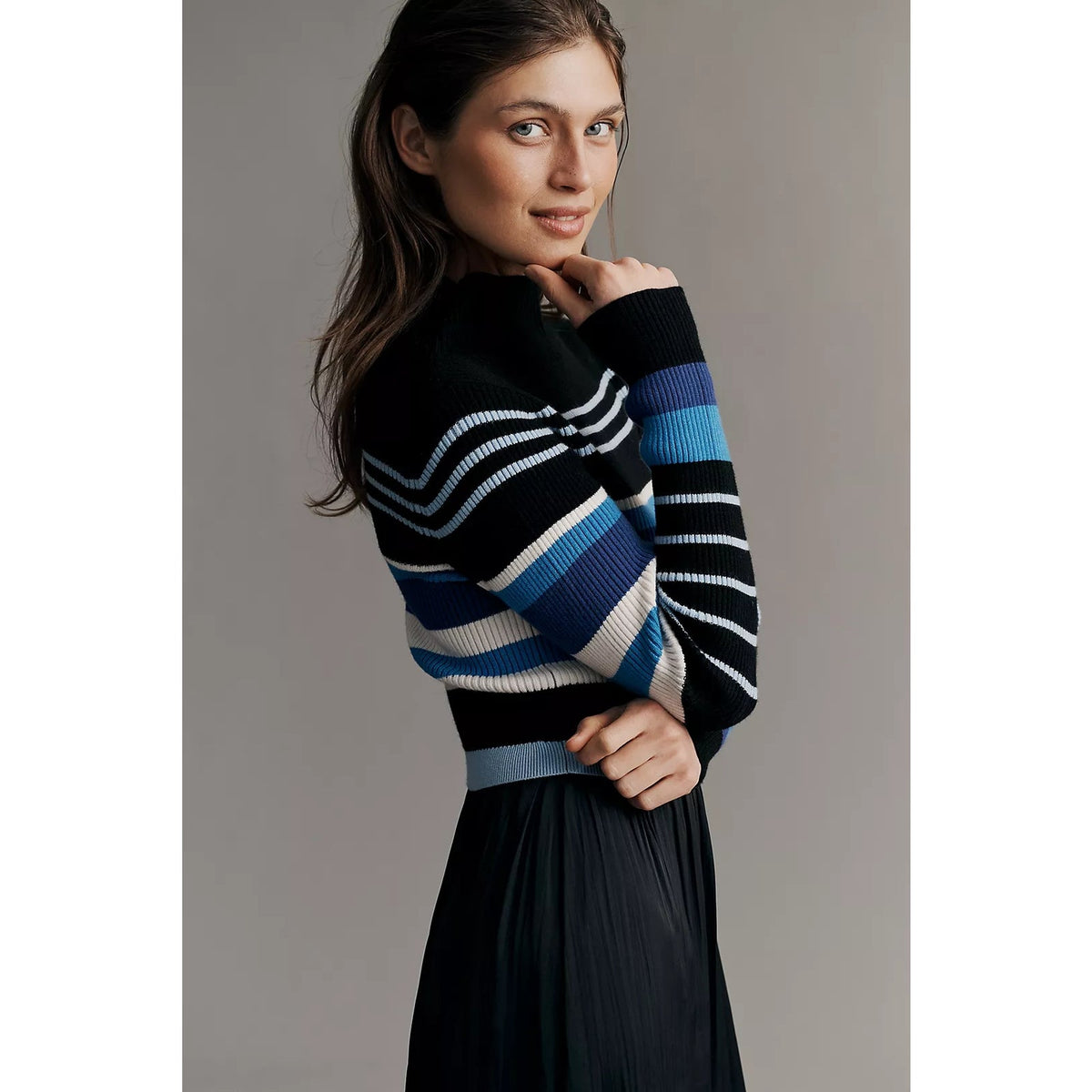 Anthropologie Thea dress, close view of ribbed striped long sleeves and fitted knit bodice