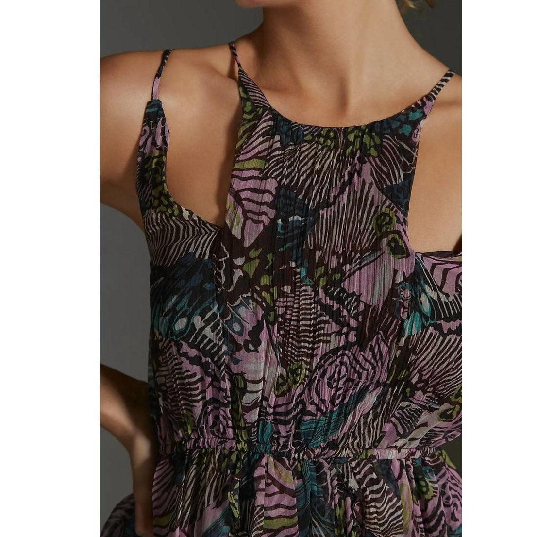 New By Anthropologie Cutout Chiffon Mini Dress $170 X-SMALL Purple Abstract