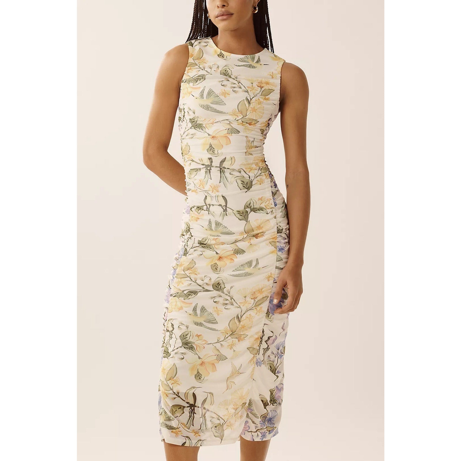 Farm Rio x Anthropologie Sleeveless Mesh Midi Dress SMALL Yellow Motif Anthropologie