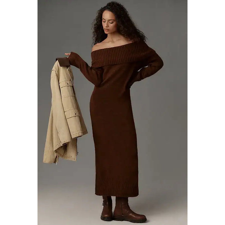 Dark brown off-shoulder midi sweater dress with foldover neckline and long ribbed sleeves