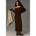 Dark brown off-shoulder midi sweater dress with foldover neckline and long ribbed sleeves