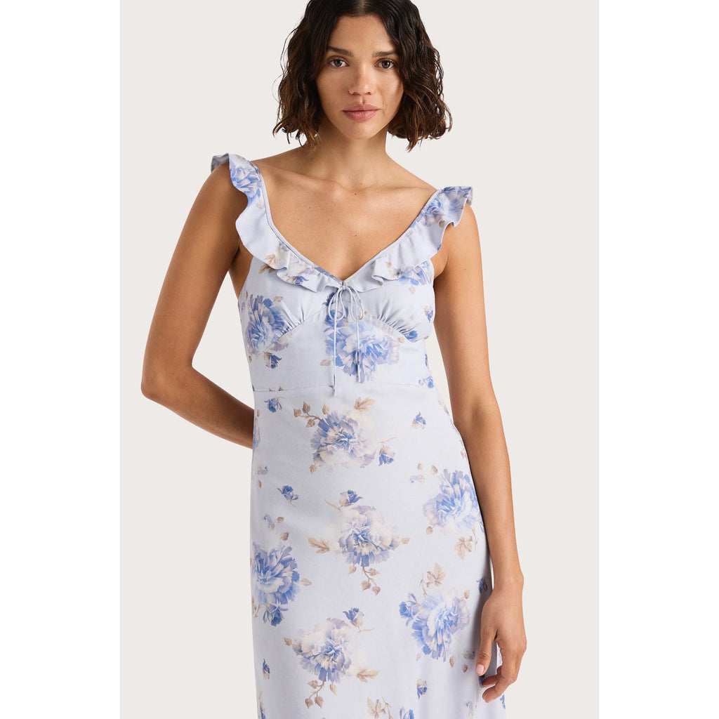 New Anthropologie x Faithfull Ruffle-Neck Floral Midi Dress $240 Size 6 Lilac