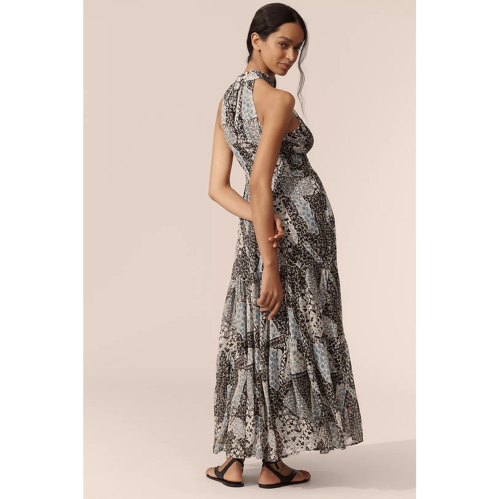 Anthropologie The Somerset Chiffon Halter Maxi Dress LARGE Black Anthropologie