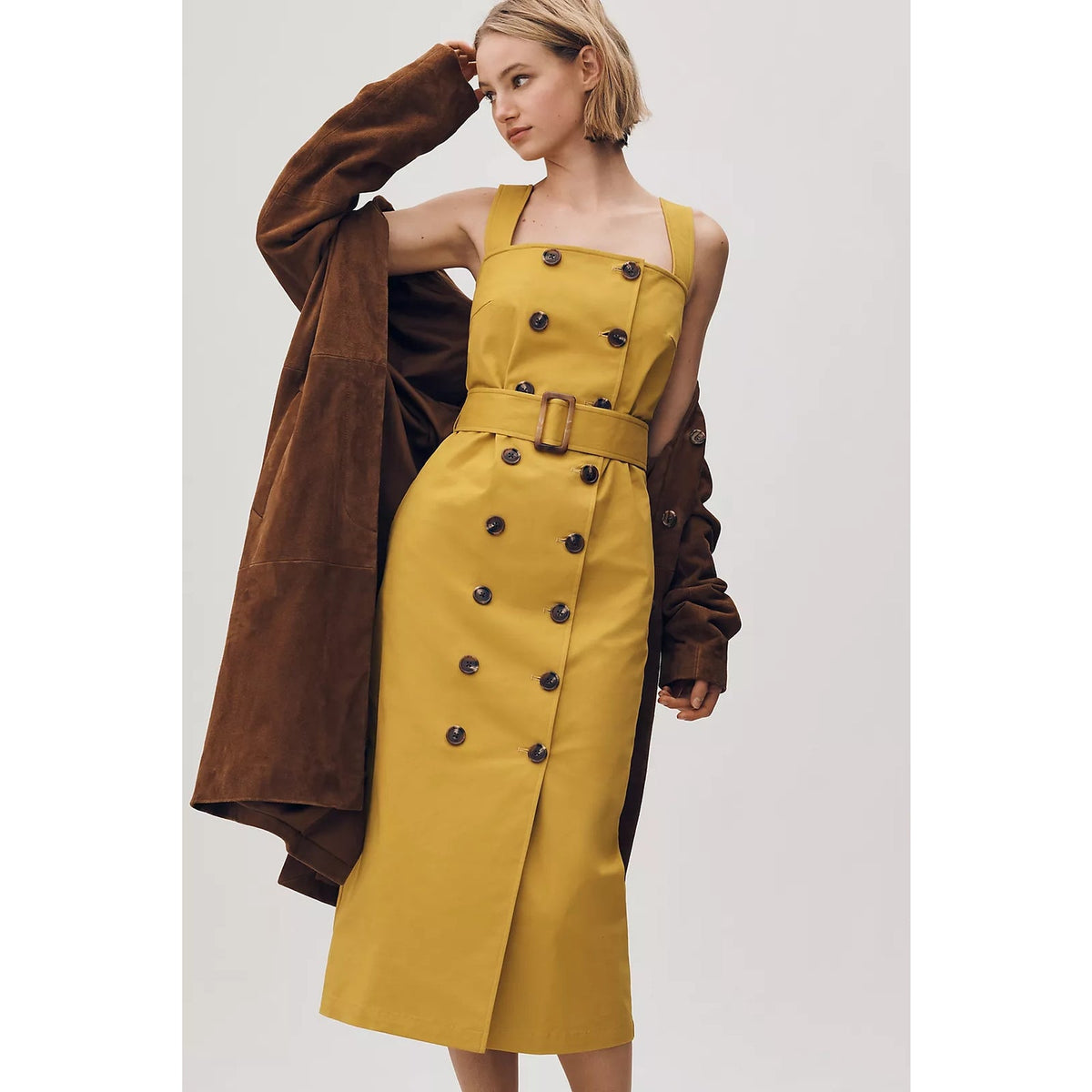 Anthropologie Mare Mare Belted Utility Midi Trench Dress SMALL Lt Green Anthropologie