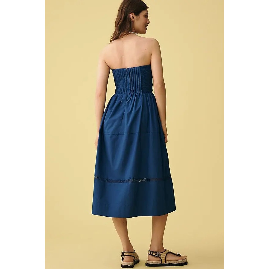 New Anthropologie Cotton Poplin Strapless Midi Dress $168 X-LARGE Navy Smocked