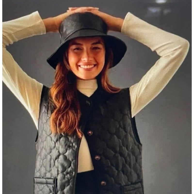 New Anthropologie FRNCH Paris Gisette Faux Leather Quilted Vest $150 OS Black