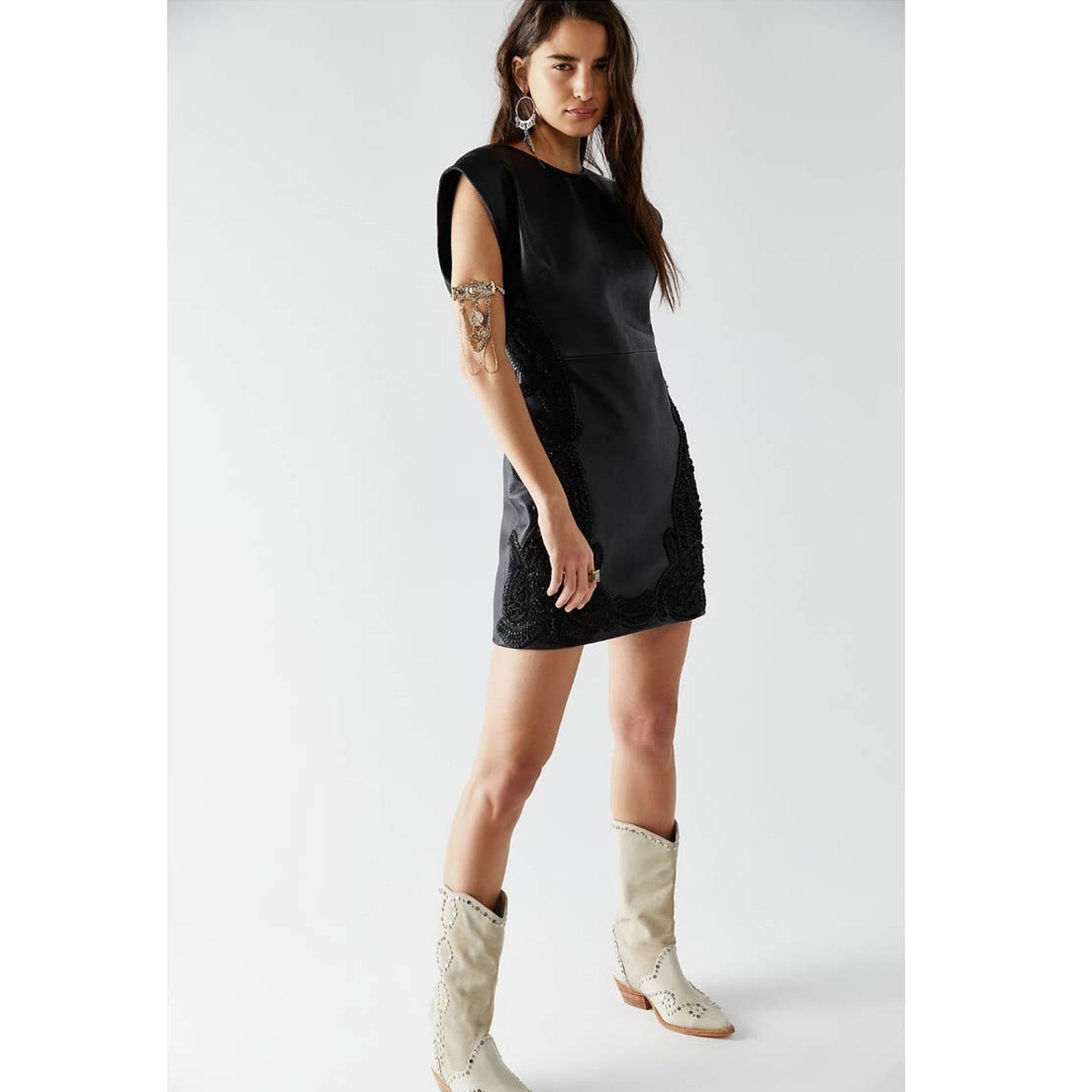 New FREE PEOPLE City Slicker Leather Mini Dress $698 SIZE 10 Black
