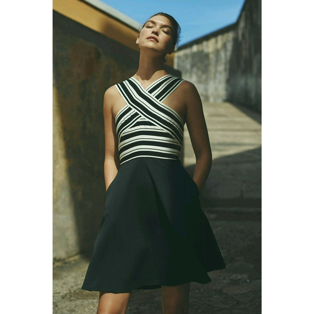 NEW Anthropologie Maeve Black Crosswise Flare Dress Size Small Retails $158 B&W
