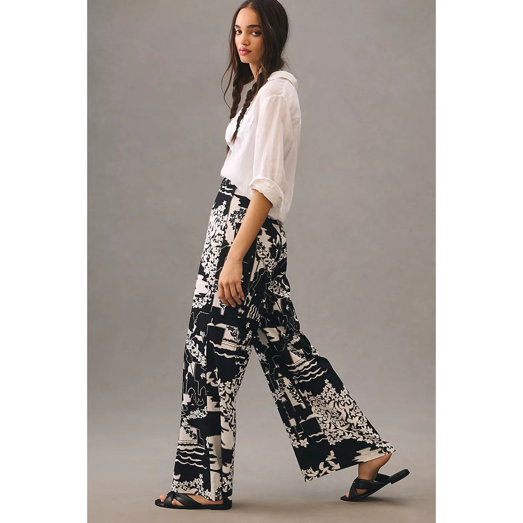 New ANTHROPOLOGIE Tiny Anne Printed Wide-Leg Pants $160 SIZE 2 Black Motif