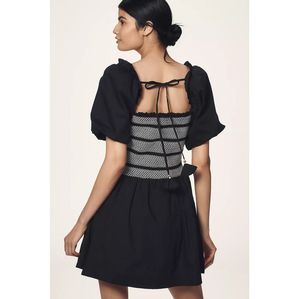 By Anthropologie Puff-Sleeve Square-Neck Smocked Mini Dress SMALL Black Anthropologie
