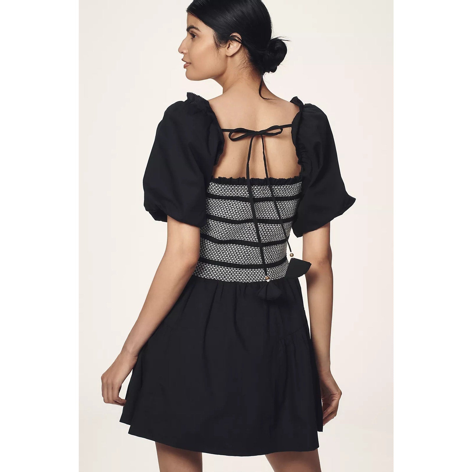 By Anthropologie Puff-Sleeve Square-Neck Smocked Mini Dress SMALL Black Anthropologie