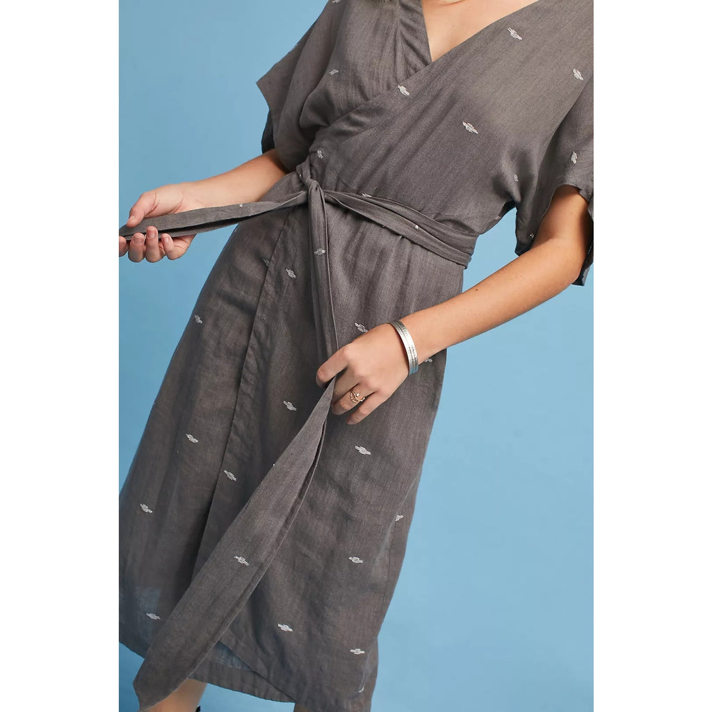 Anthropologie MIRTH Krabi Jamdani Wrap Midi Dress S/M 2-6 Gray Mirth