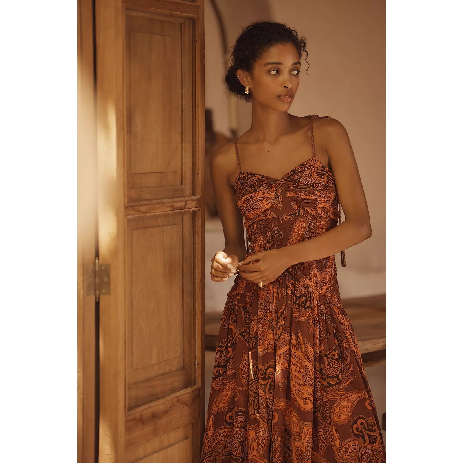 Farm Rio x Anthropologie Drop-Waist Printed Midi Dress MEDIUM Brown FARM Rio