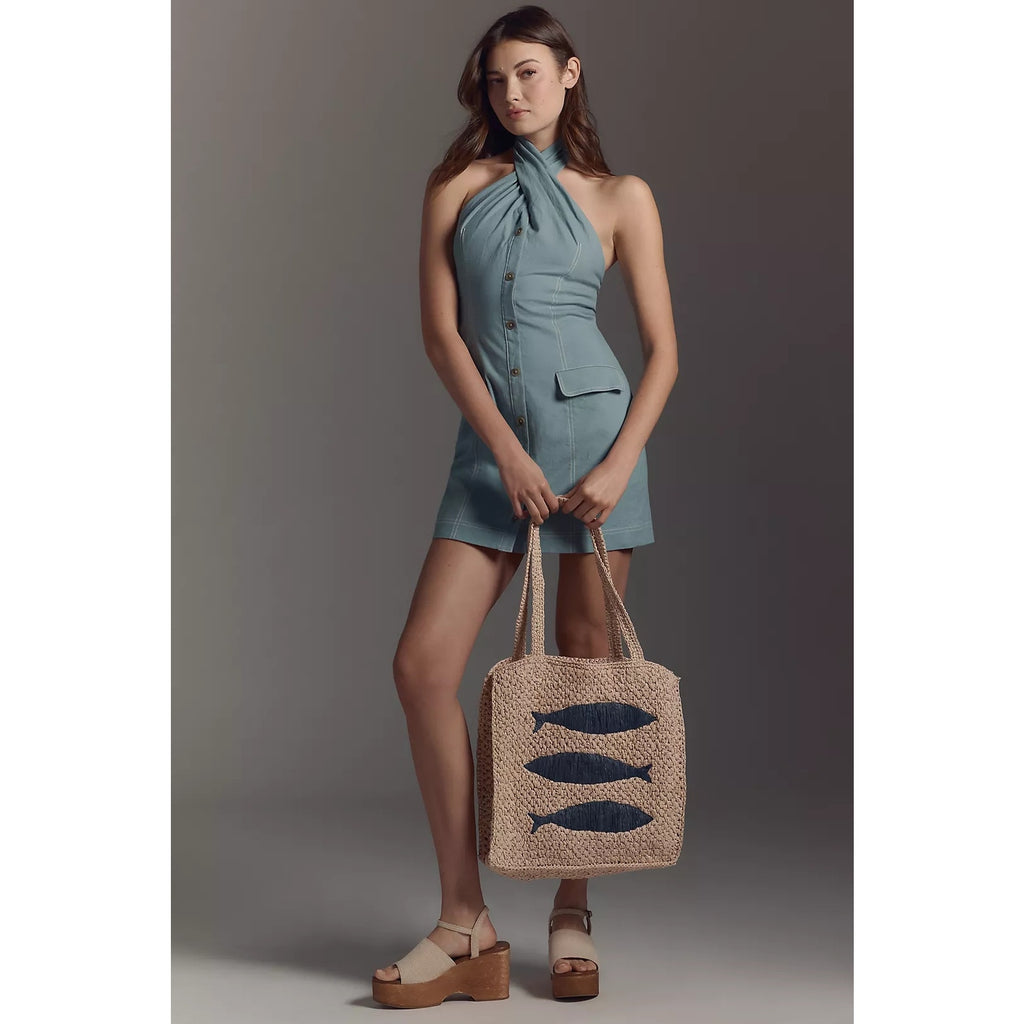 Anthropologie Maeve Twist-Halter Linen Blend Mini Dress $148 X-SMALL Blue