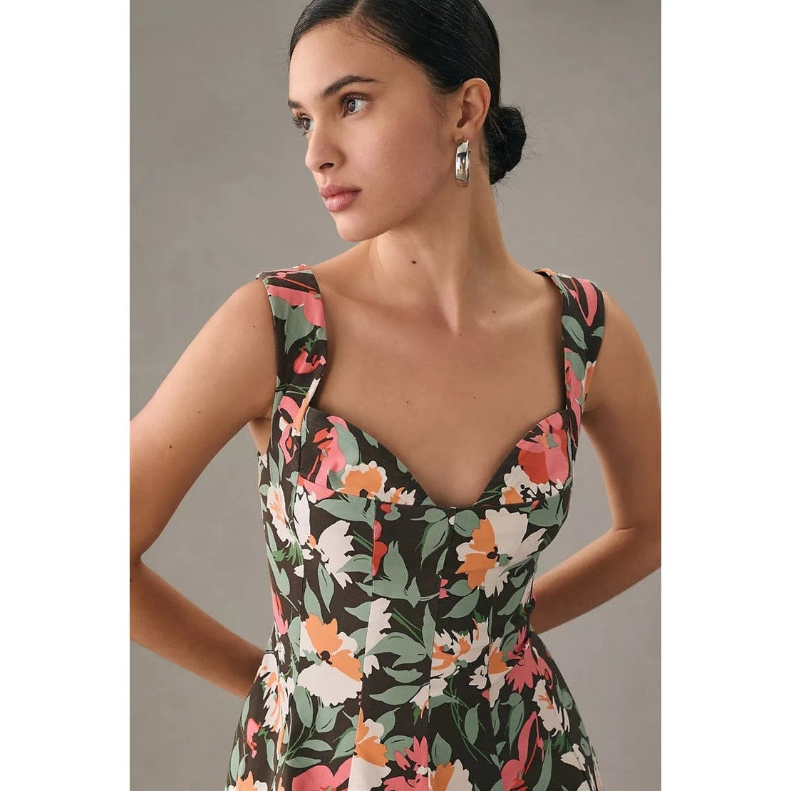 New Anthropologie Sweetheart Floral Mini Dress $180 MEDIUM Black Motif Stretchy