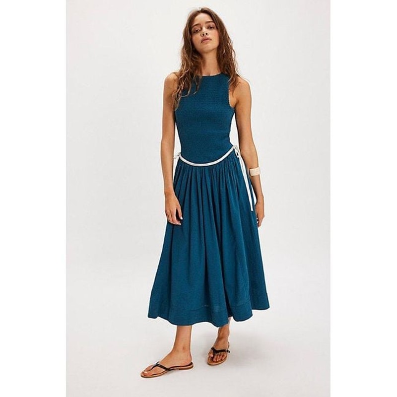 FREE PEOPLE Nightingale Seersucker Midi Dress SMALL Seaside Combo BLUE Free People