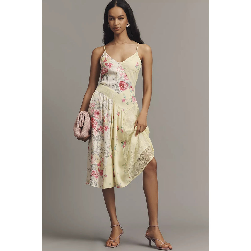 Anthropologie Sleeveless Patchwork Floral Slip Midi Dress Sz M Yellow Anthropologie