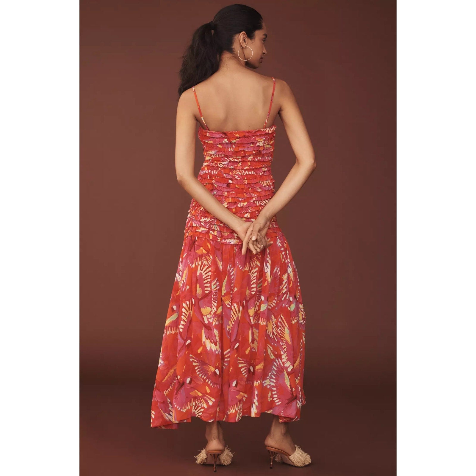 Anthropologie Farm Rio Shirred Drop-Waist Midi Dress SMALL Orange FARM Rio