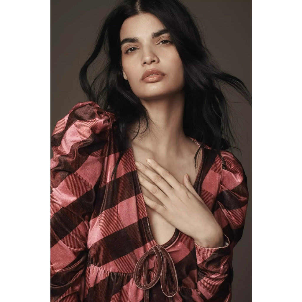 New Anthropologie Maeve Velvet Babydoll Long-Sleeve Top $88 Small Pink Plaid