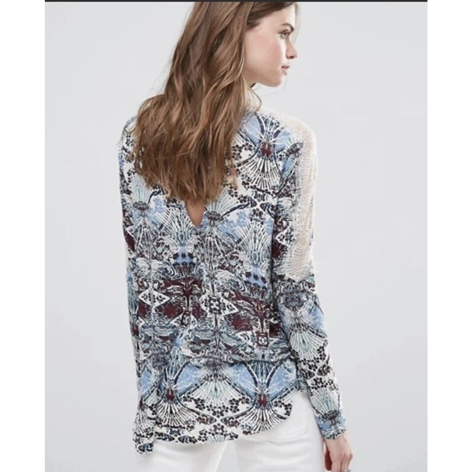 New Free People Snow Combo Long Sleeve Tulip Top $88 XS Boho Lace Applique