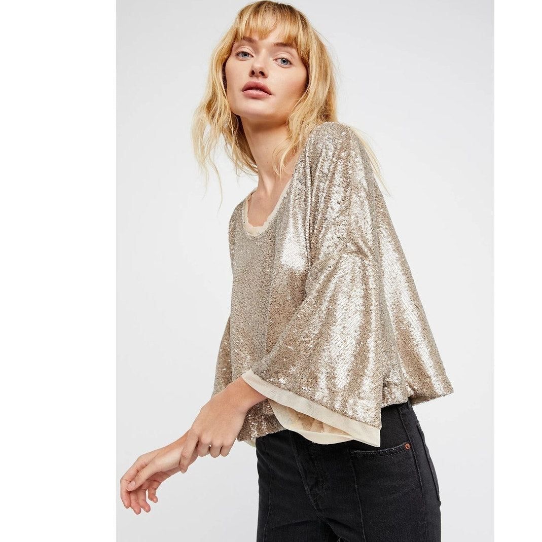 Free People Champagne Dreams Sequins Cropped Glam Tee