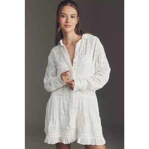 Anthropologie Embroidered Mini Shirt Dress SMALL White Long Sleeve