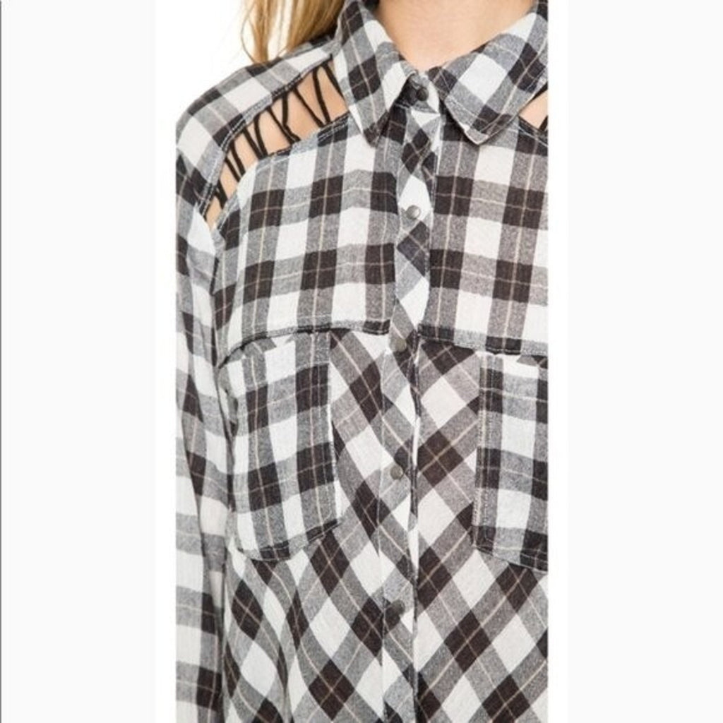 New Free People Plaid Lace Up Shoulder Snap Long Sleeve Top in B&W $108 Small
