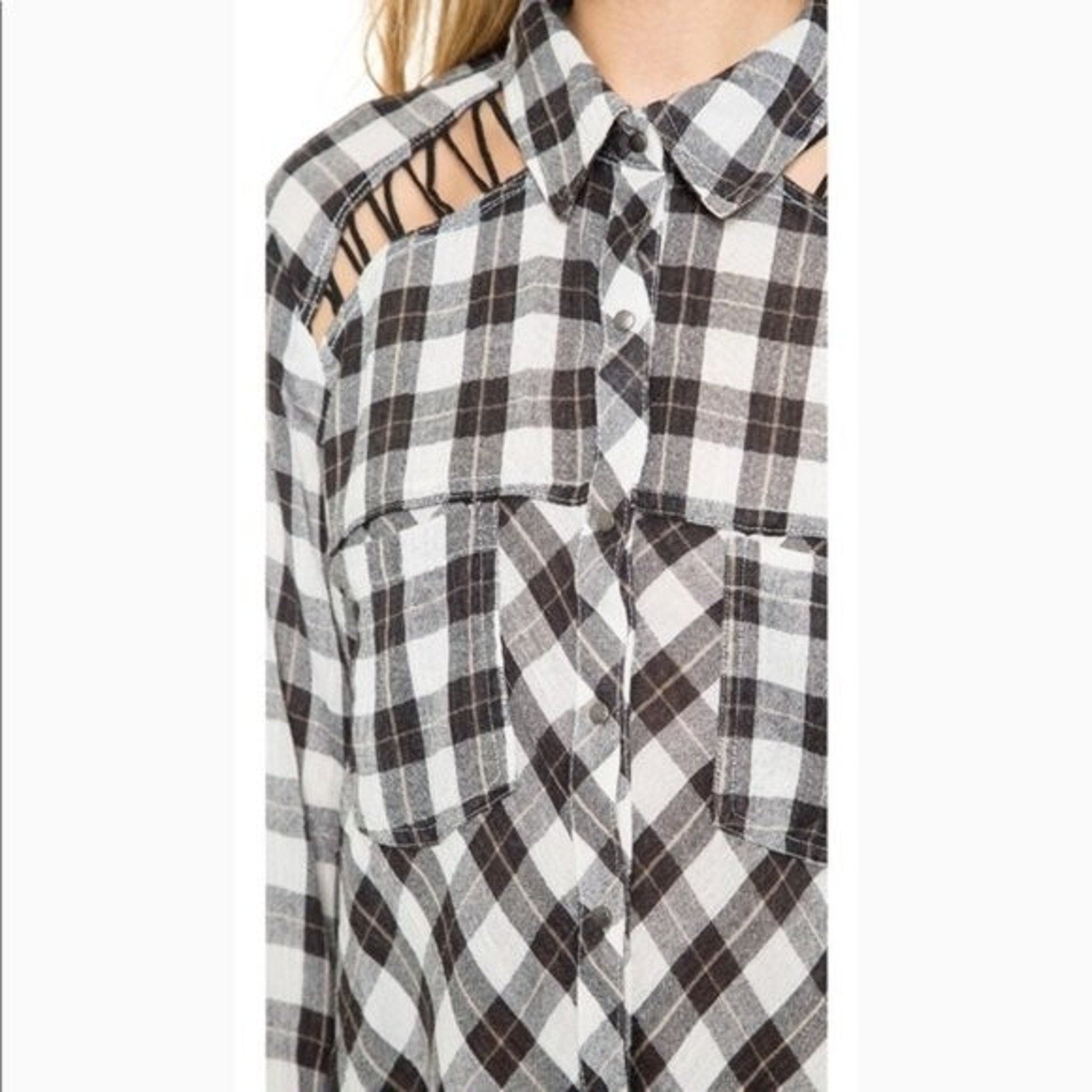 New Free People Plaid Lace Up Shoulder Snap Long Sleeve Top in B&W $108 Small
