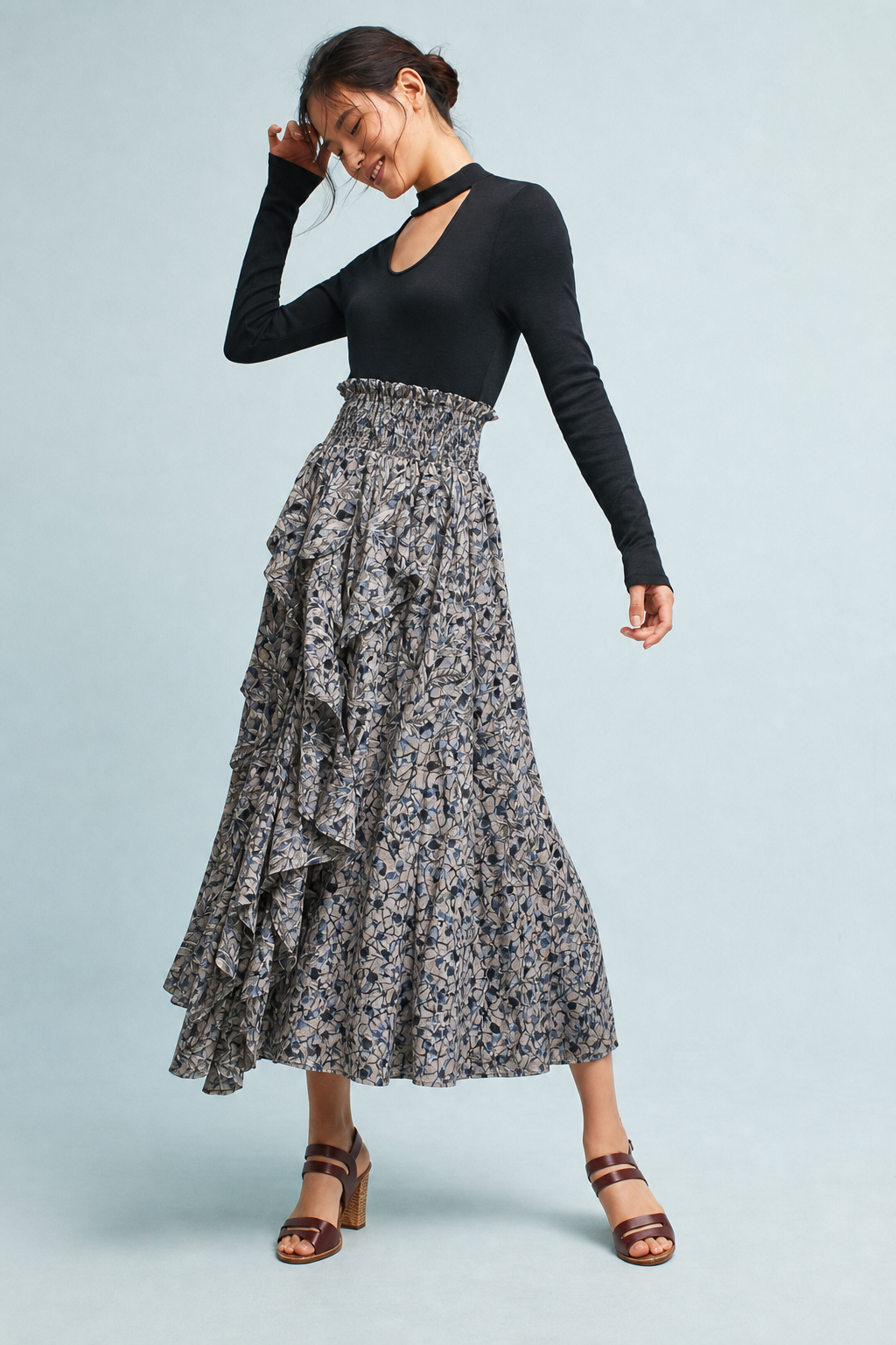 Anthropologie Keshika Ruffled Midi Skirt Mynah's Reynu Taandon SMALL Anthropologie