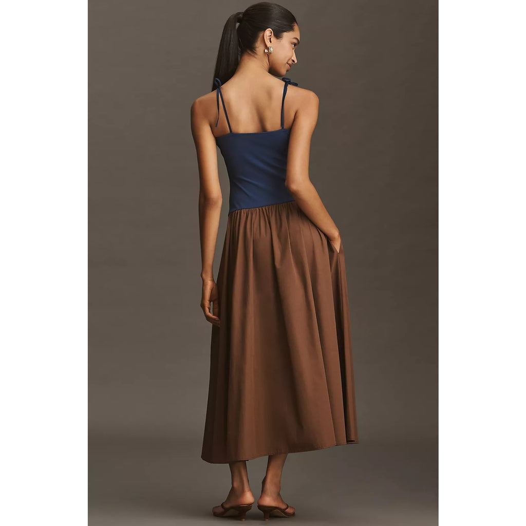 Anthropologie Square-Neck Twofer Midi Dress LARGE Navy/Brown Anthropologie