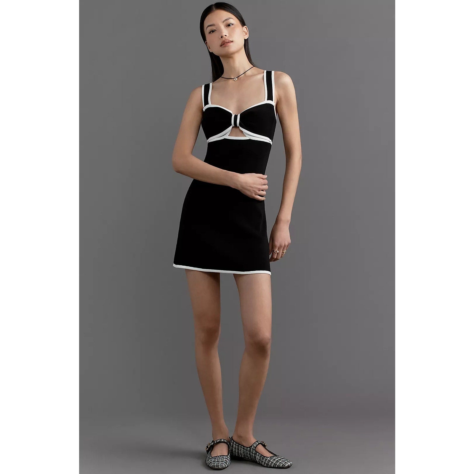 Anthropologie Bow Cutout Mini Sweater Dress MEDIUM B&W Knit Sleevelesss Anthropologie