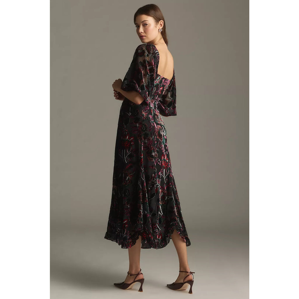 New ANTHROPOLOGIE  Hutch Printed Twist-Front Puff-Sleeve Ruffle-Hem Dress $228 S