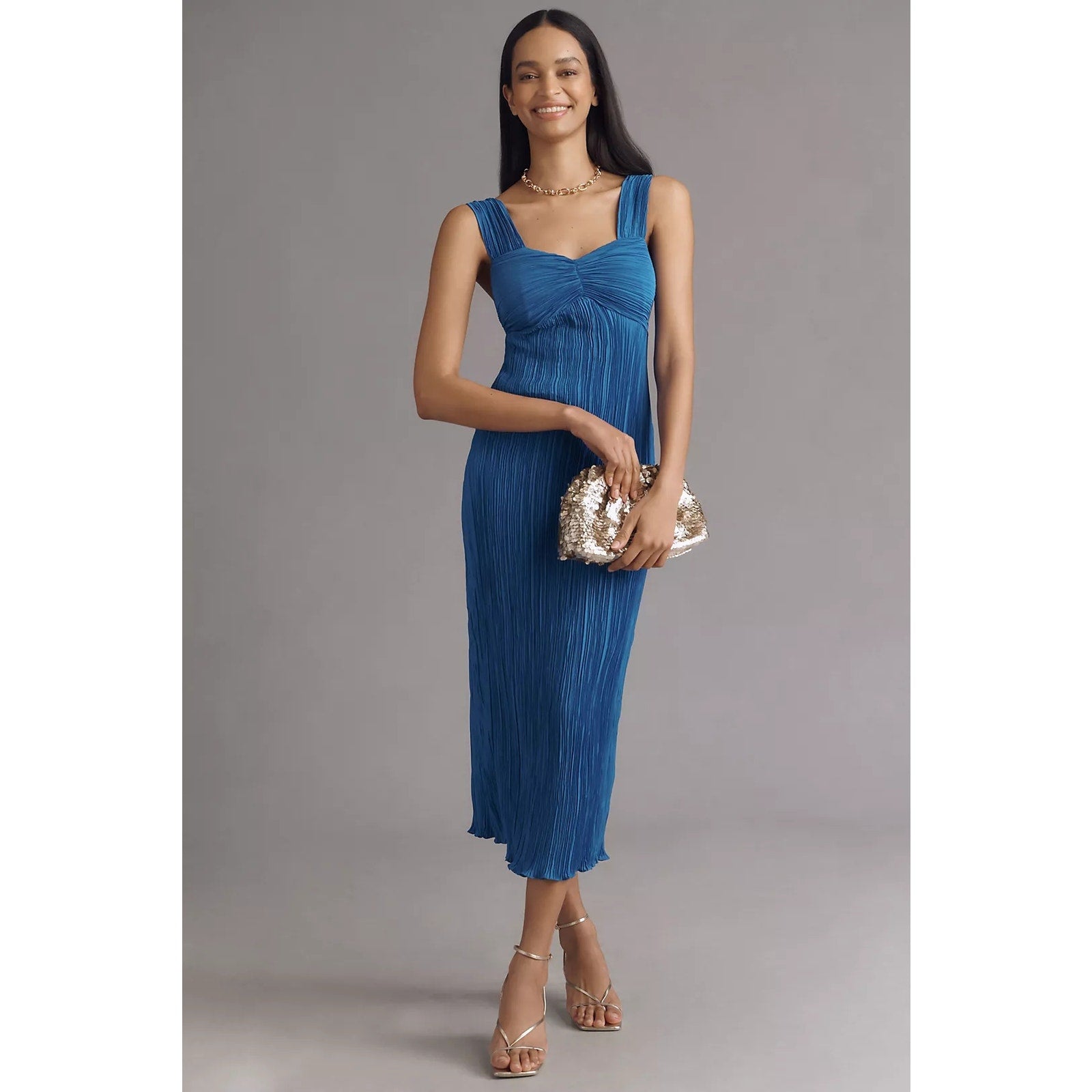 Anthropologie Pleated Satin Sweetheart Midi Dress X-LARGE Blue Anthropologie