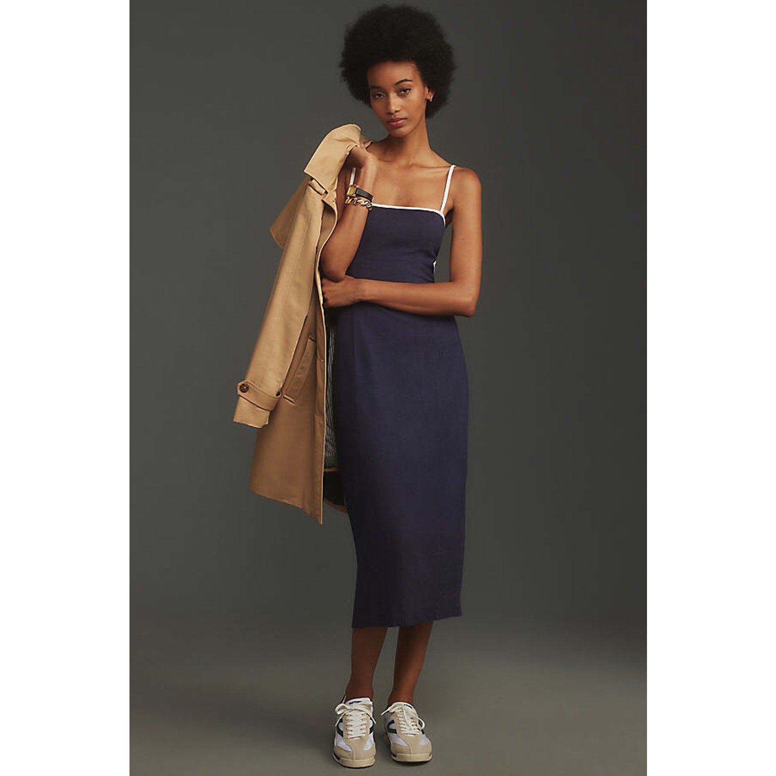 Anthropologie The Dafni Cutout Linen Midi Dress by Maeve $168 X-LARGE Navy