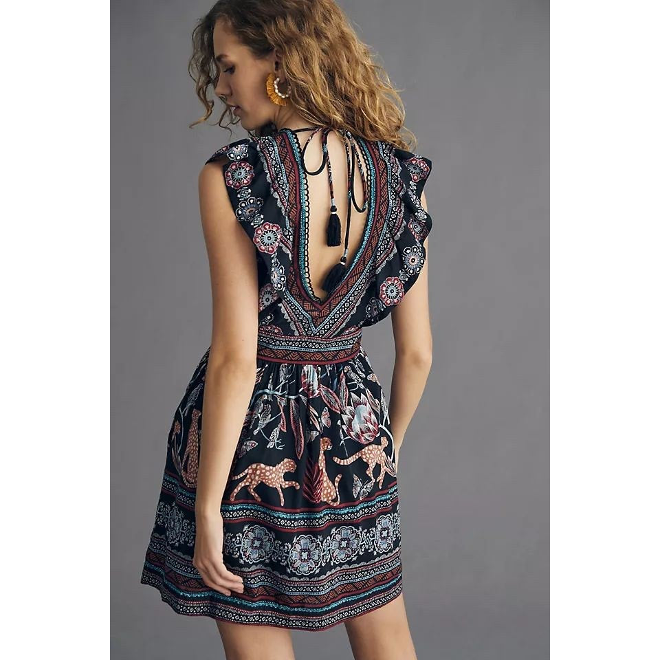Anthropologie V-Neck Plunge Tunic Mini Dress $148 SMALL Animal Geo Black