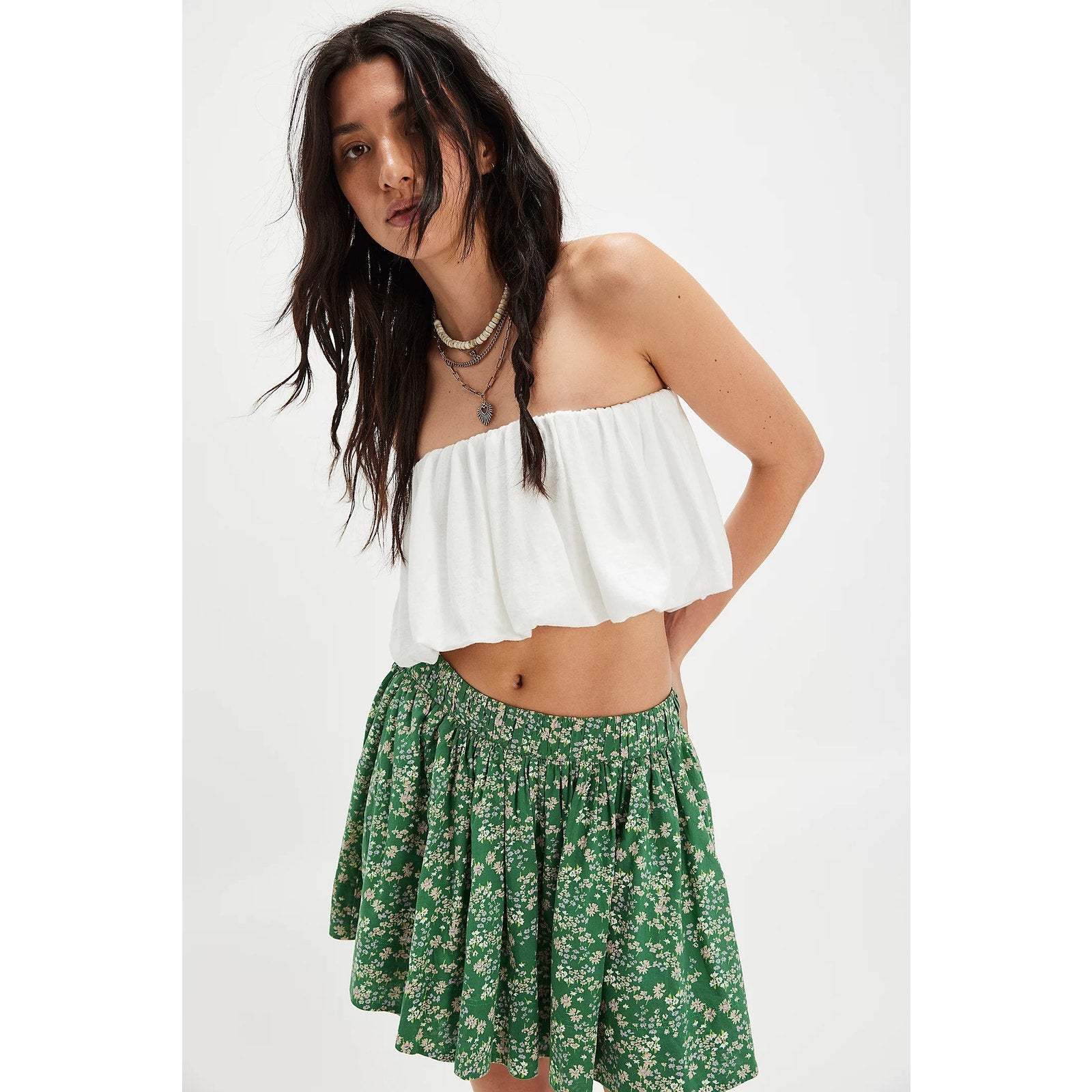 FREE PEOPLE Brunch Club Mini Skirt Set MEDIUM Kelly Green Floral Boho Free People