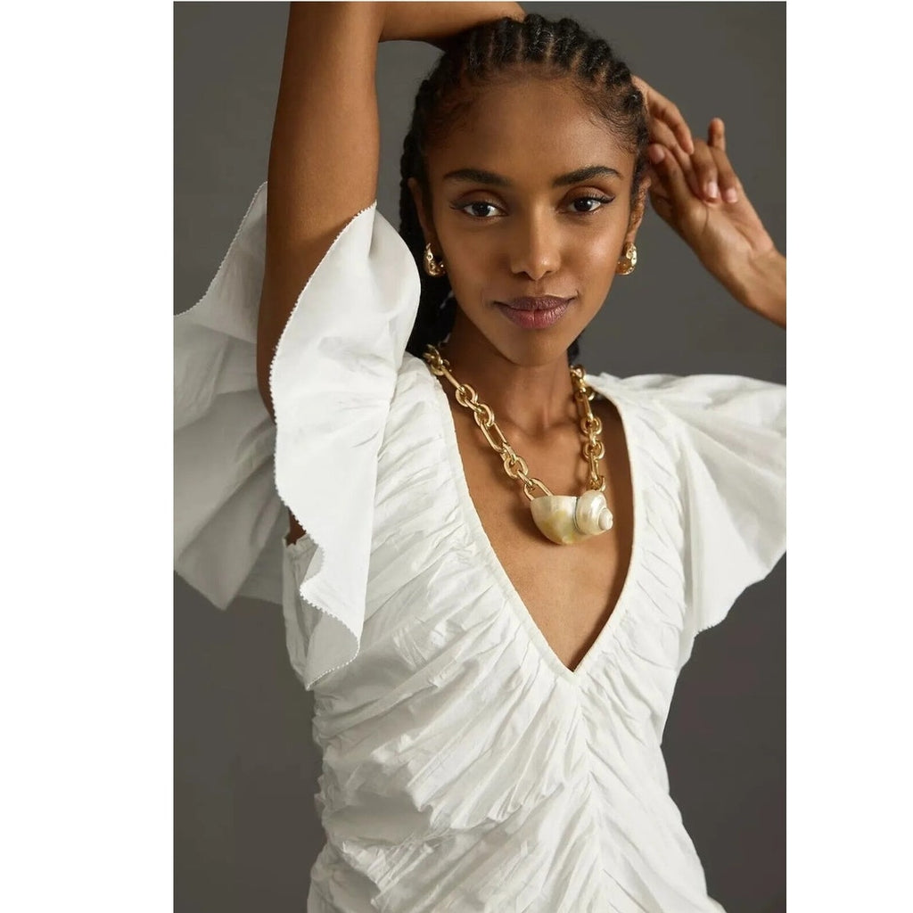Anthropologie Love The Label Ruffled Mini Dress DEEP-V  $248 MEDIUM White