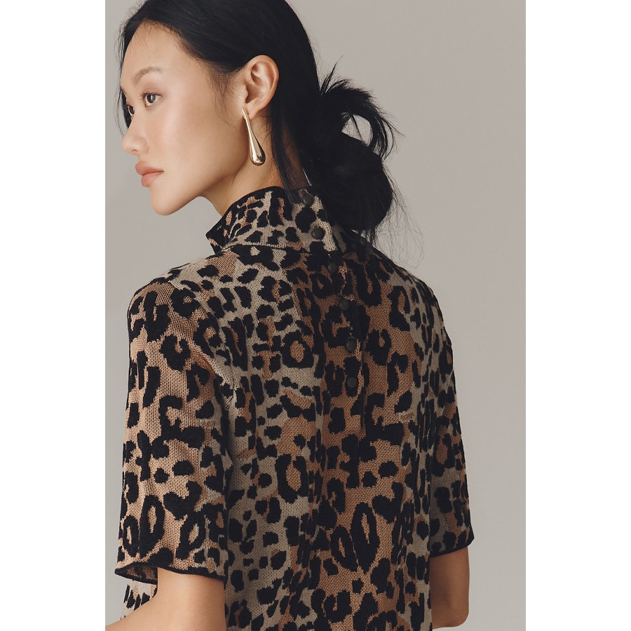 Anthropologie Annalise Mock-Neck Mini Sweater Dress by Maeve XS Cheetah Anthropologie