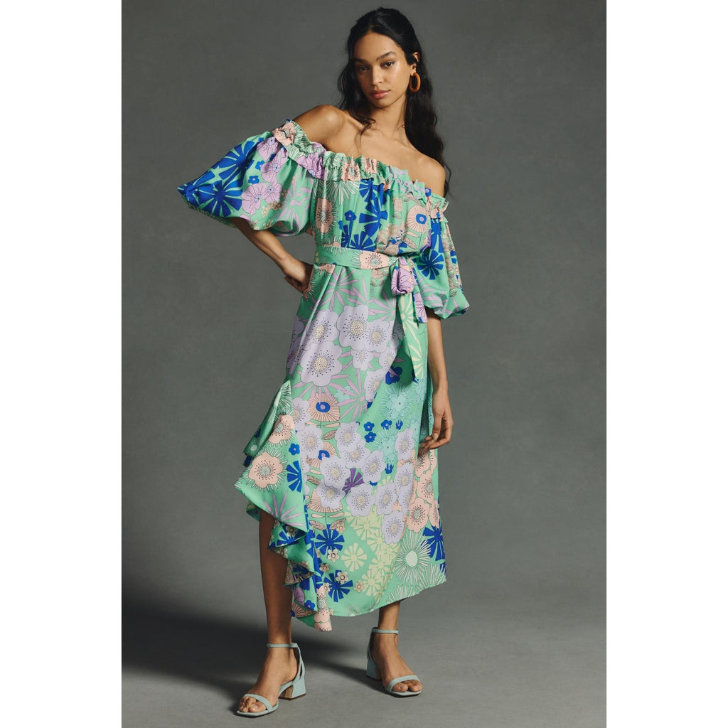 ANTHROPOLOGIE Oopscool Off-The-Shoulder Floral Midi Dress MEDIUM Green Anthropologie