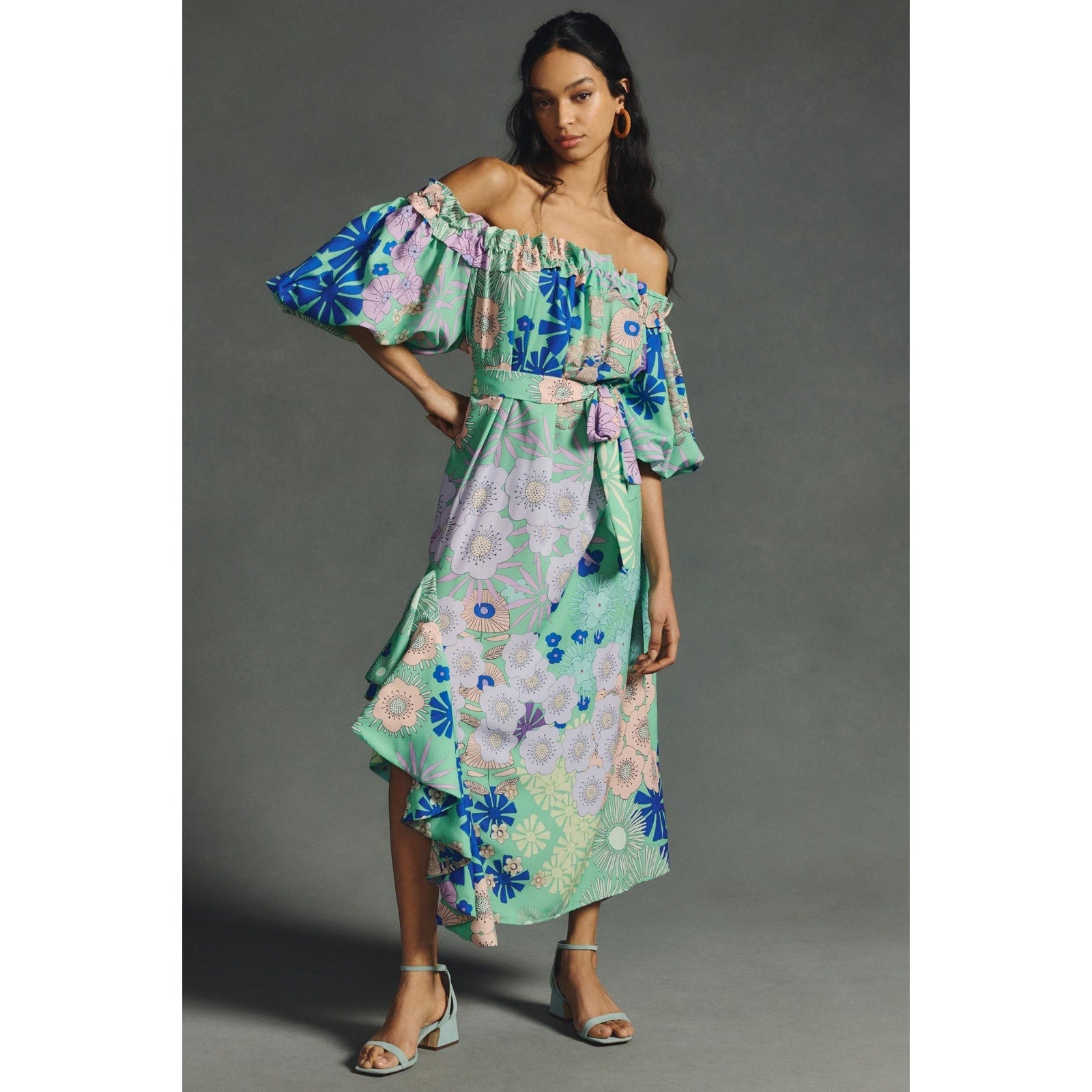 ANTHROPOLOGIE Oopscool Off-The-Shoulder Floral Midi Dress MEDIUM Green Anthropologie