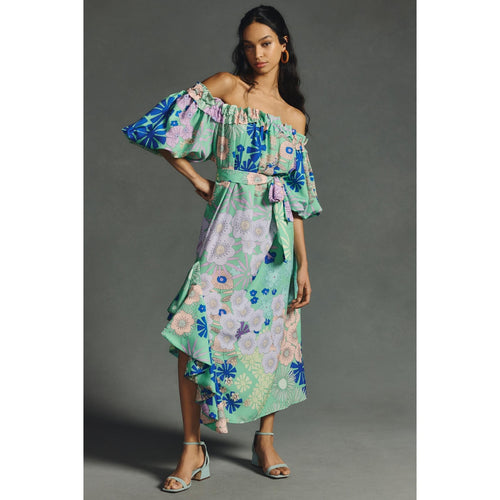 Green floral off-the-shoulder midi dress with gathered neckline and flutter sleeves