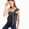 New J Crew Silk one-shoulder bow top in polka dot BLACK/IVORY G7678 $78 Size 10
