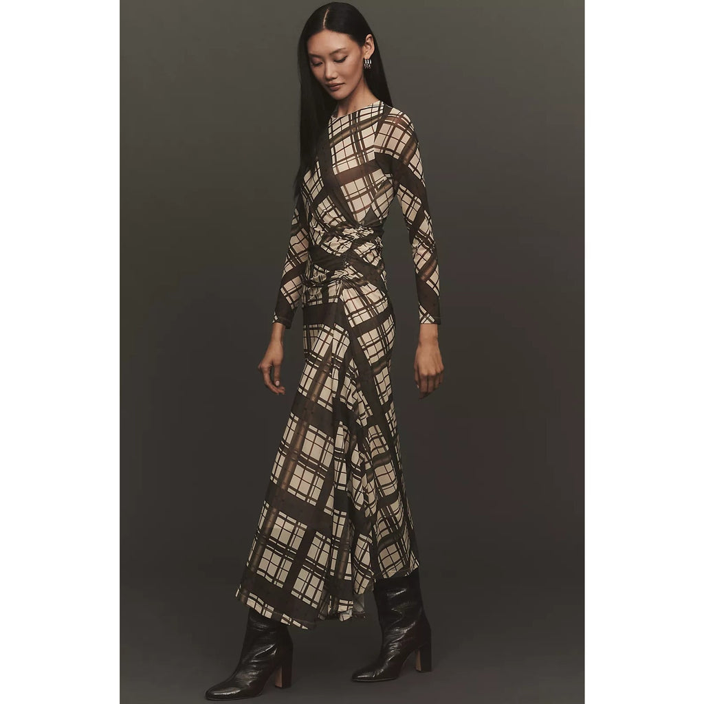 By Anthropologie Long-Sleeve Ruched Mesh Midi Dress X-LARGE Brown Anthropologie