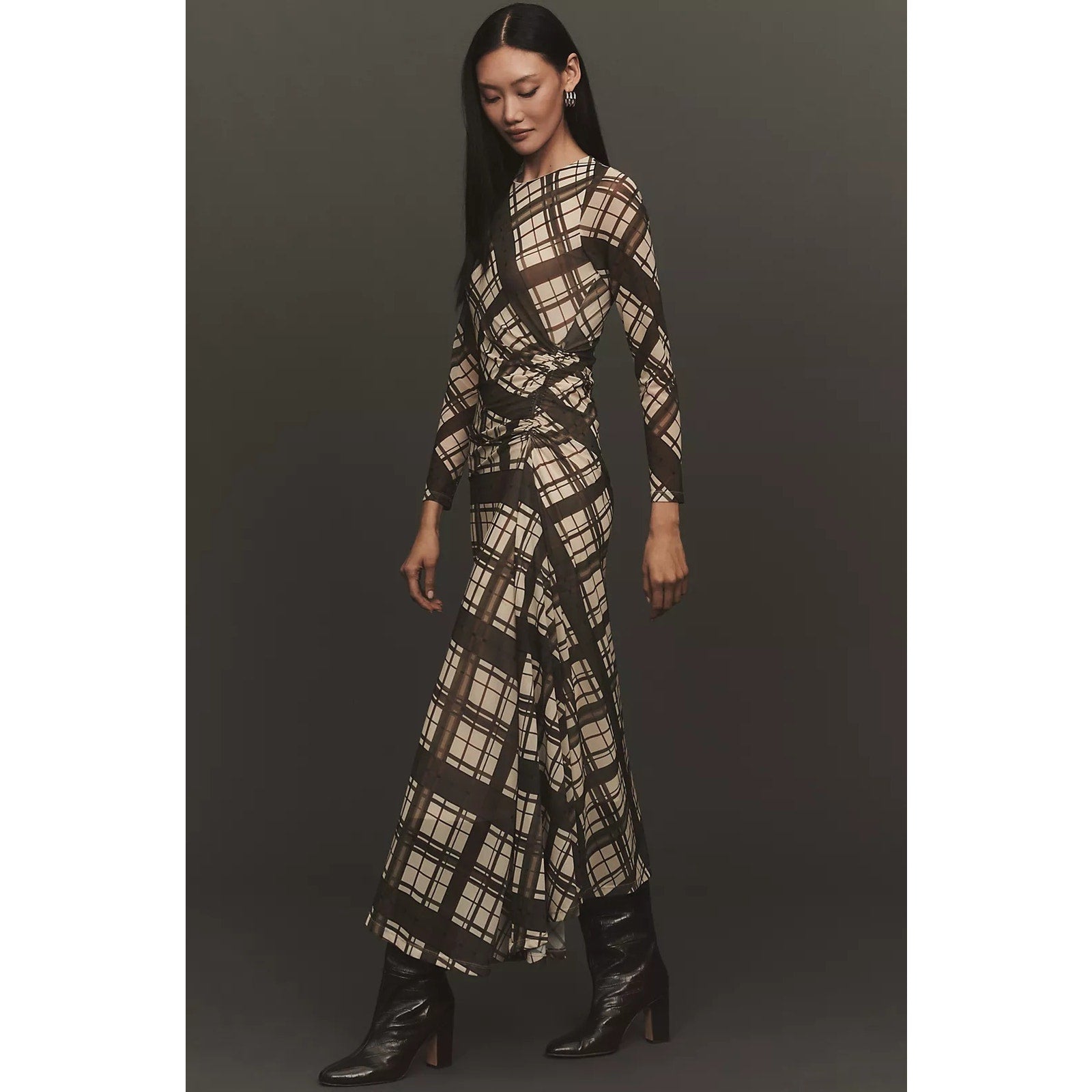By Anthropologie Long-Sleeve Ruched Mesh Midi Dress X-LARGE Brown Anthropologie