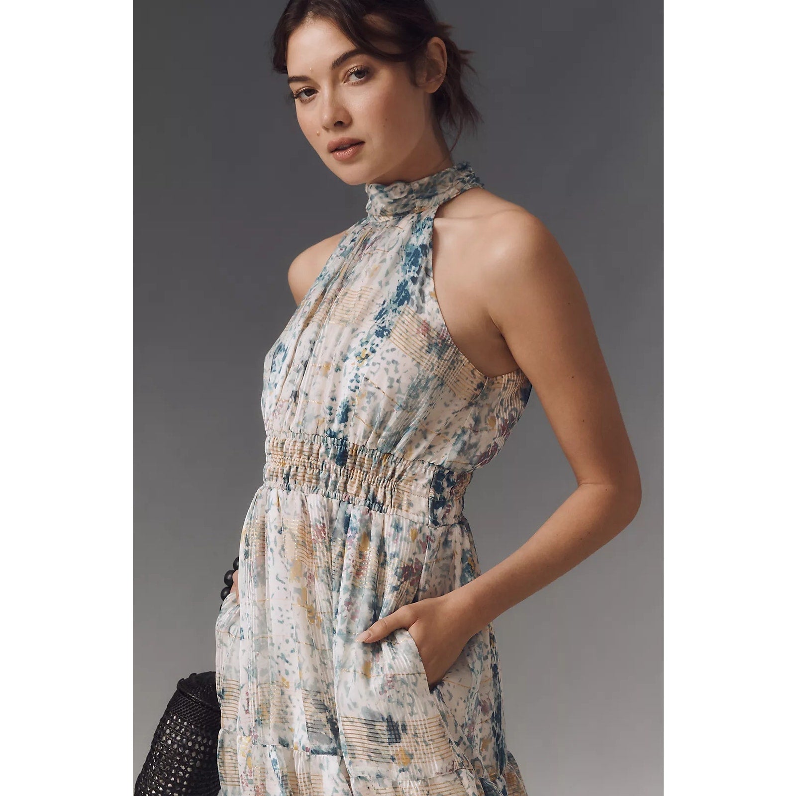 Anthropologie The Somerset Chiffon Maxi Dress SMALL Blue Gold Motif Anthropologie