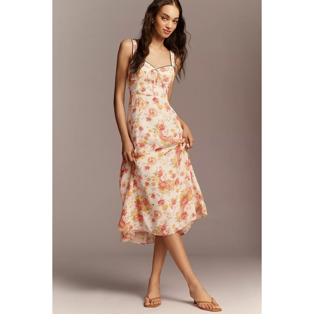Anthropologie Maeve Sweetheart Printed Midi Dress LARGE Ivory & Pink Anthropologie