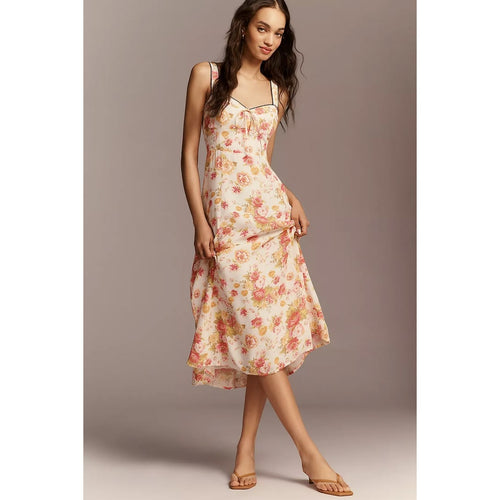 Ivory floral print sweetheart midi dress, spaghetti straps, scalloped trim