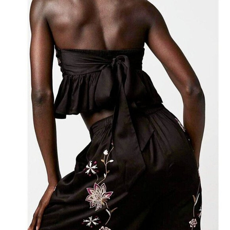 New Free People Harmoney Floral Embroidered Set $298 XS Black Crop Top & Pants