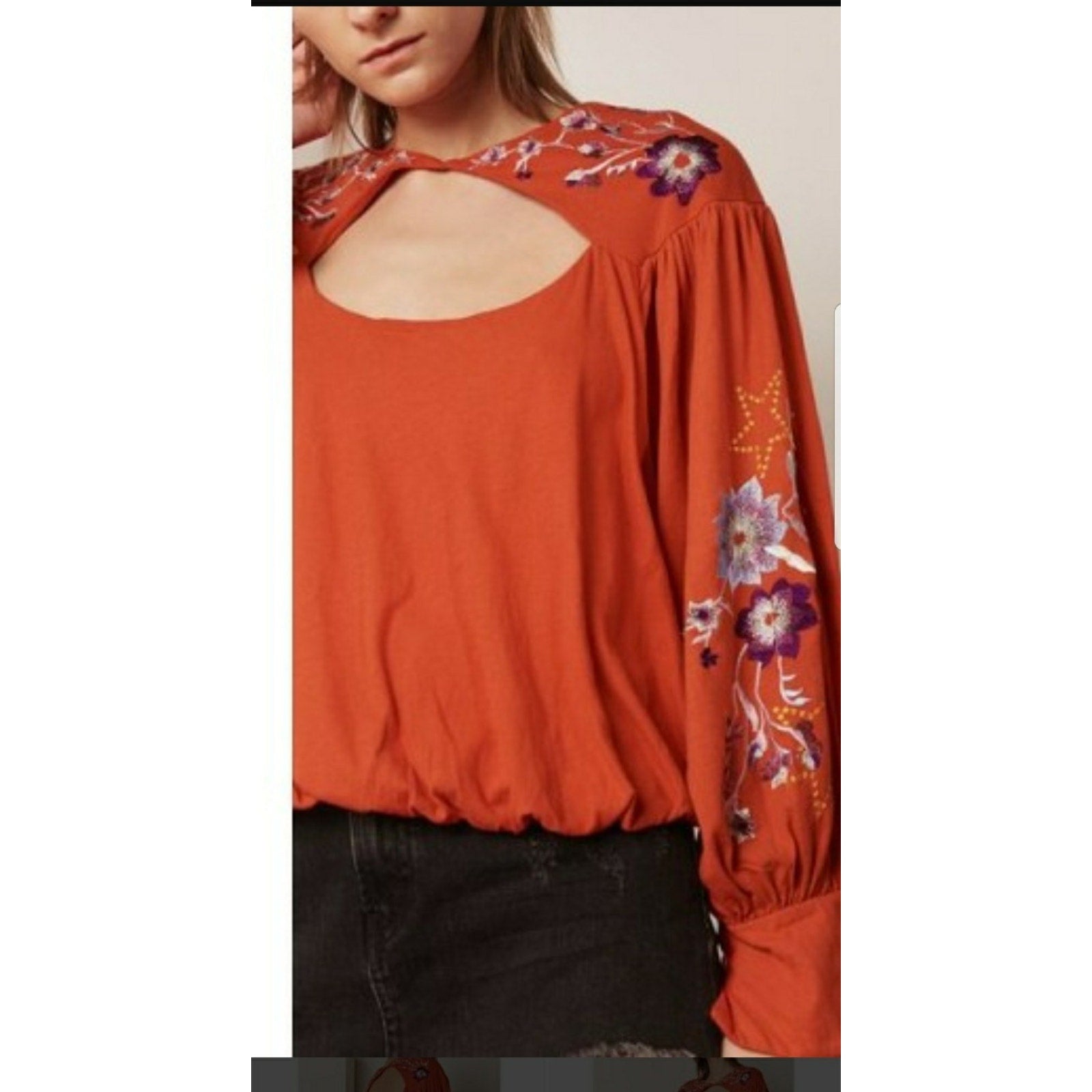 NEW Free People $128 Red Lita Floral Embroidered Bell Long Sleeve Top Sz S Boho
