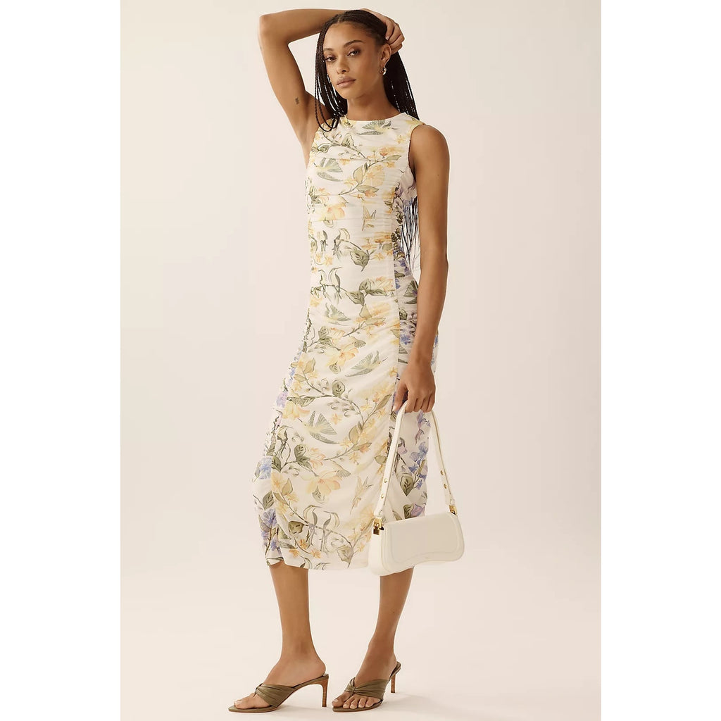 Farm Rio x Anthropologie Sleeveless Mesh Midi Dress SMALL Yellow Motif Anthropologie